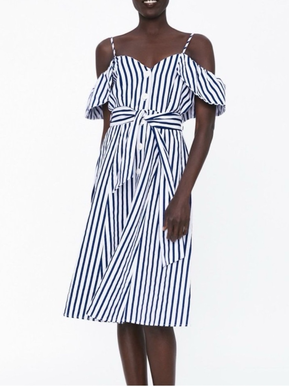 Zara Navy and White Striped Cold-Shoulder Midi Dress